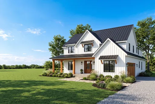 Modern White Farmhouse Exterior With Copy Space