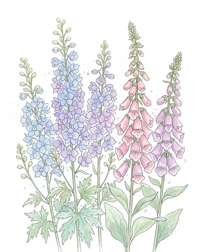 Pastel Watercolor Delphinium and Foxglove Illustration