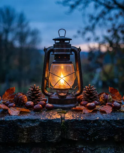 Glowing Vintage Lantern With Autumn Foliage