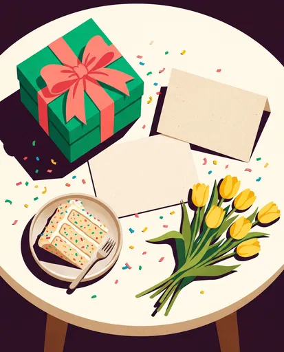 Birthday Gift Cake And Tulips Illustration
