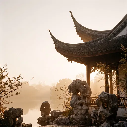 Chinese Garden Pavilion in Morning Mist