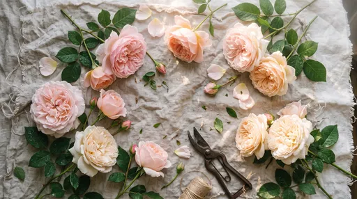 Pastel Garden Roses Flat Lay on Linen