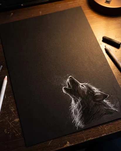 Chalk Drawing of Howling Wolf on Black Paper