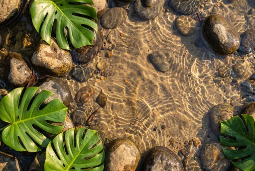 Sunlight Caustics Over River Stones and Monstera