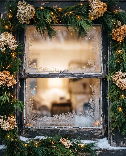 Frosted Vintage Window With Christmas Garland