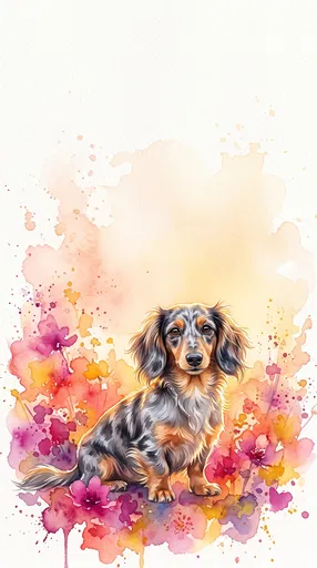 Watercolor Dapple Dachshund With Floral Splashes