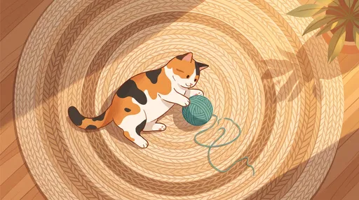 Calico Cat Playing With Yarn on Rug