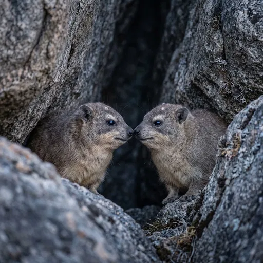 Two Hyraxes Touching Noses in Rock Crevice