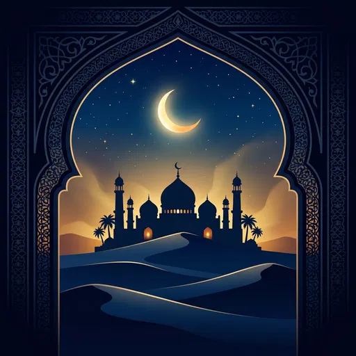 Mosque Silhouette Under Crescent Moon Archway
