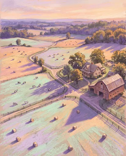 Pastel Illustration of Peaceful Sunset Farmyard