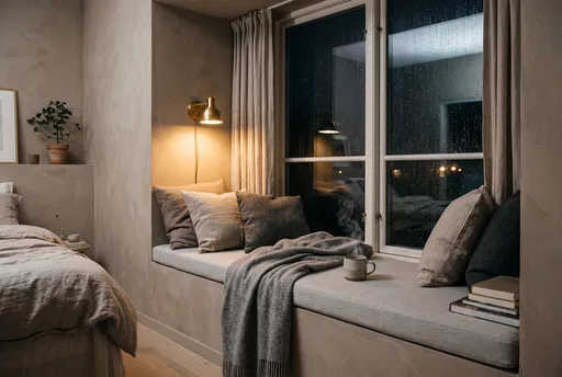Cozy Bedroom Window Seat on Rainy Night