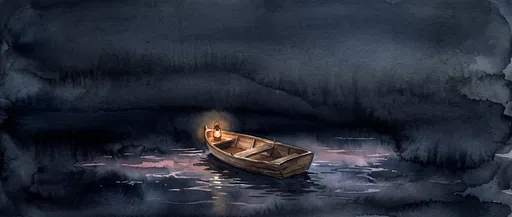 Wooden Rowboat with Lantern at Night
