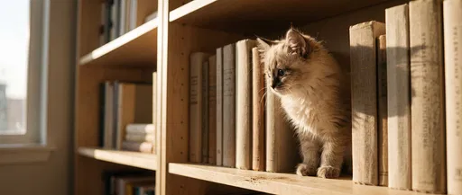 Fluffy Kitten on Sunlit Bookshelf