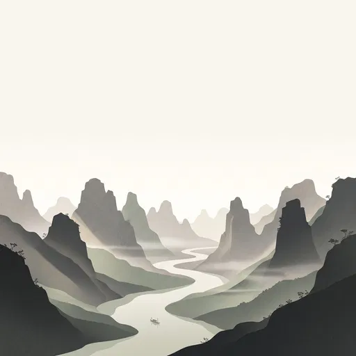 Minimalist Karst Mountains and Winding River Illustration