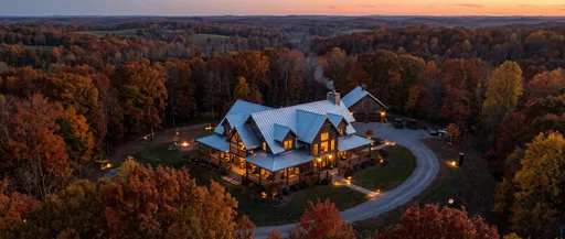 Aerial Dusk View of Rustic Farmhouse