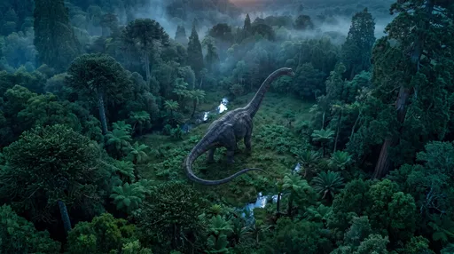 Sauropod Dinosaur in Misty Prehistoric Forest