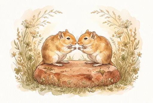 Watercolor Illustration of Two Gerbils Touching Noses