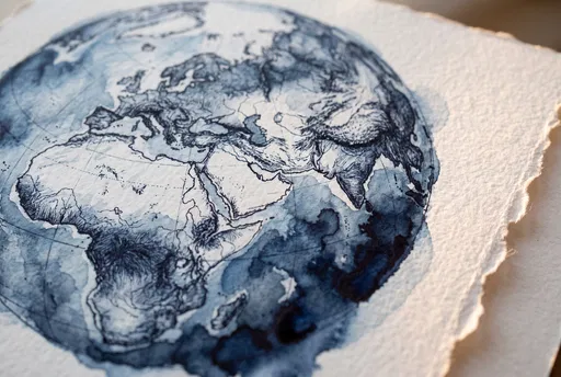 Indigo Watercolor Earth Drawing on Paper