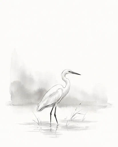 Minimalist Ink Wash White Egret Illustration
