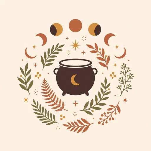 Earthy Boho Cauldron and Moon Phases Illustration