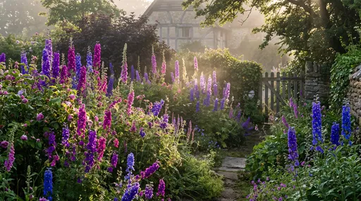 Sunlit Cottage Garden With Larkspur Flowers