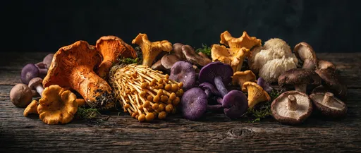 Assorted Exotic Culinary Mushrooms on Wood