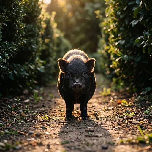 Black Piglet on Sunlit Garden Path