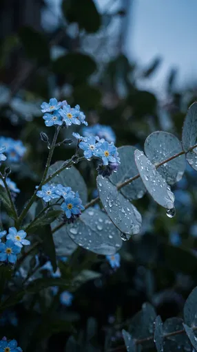 Raindrops on Forget-Me-Nots and Eucalyptus