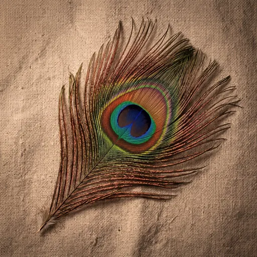 Iridescent Peacock Feather on Linen