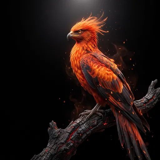 Fiery Phoenix Perched on Charred Branch