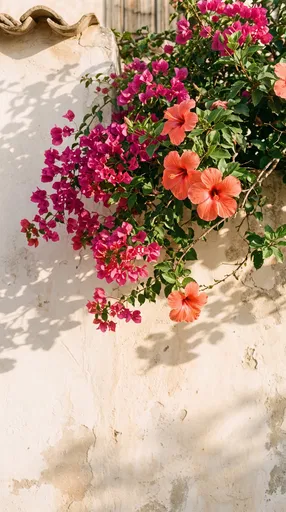 Hibiscus and Bougainvillea on Mediterranean Wall
