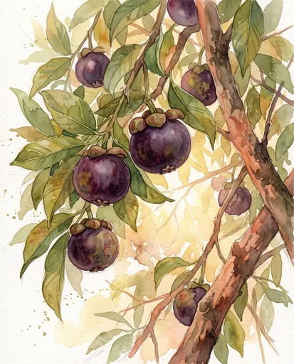 Watercolor Illustration of Ripe Mangosteen on Branch