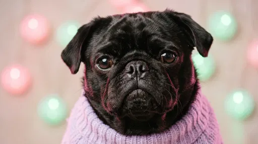 Black Pug in Pastel Lavender Sweater