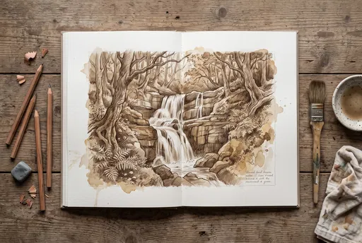 Sepia Waterfall Sketchbook Flat Lay