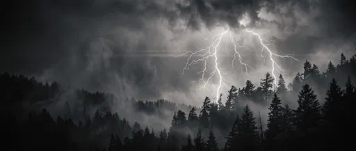 Monochrome Lightning Storm Over Misty Forest