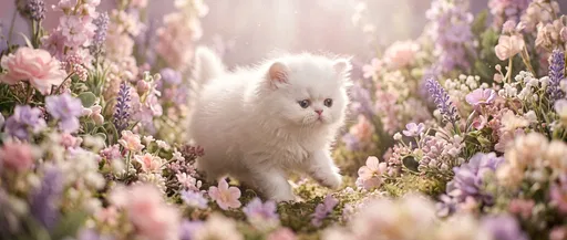 Fluffy White Kitten in Pastel Flowers