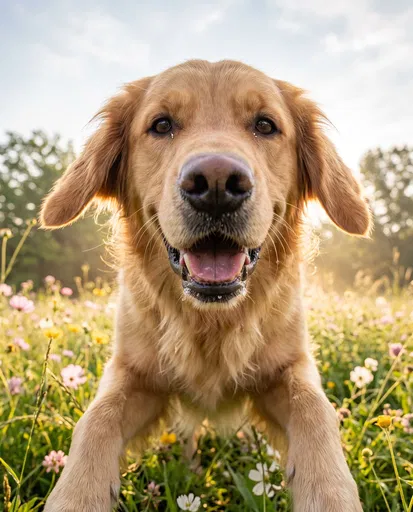 Happy Golden Retriever in Wildflower Meadow