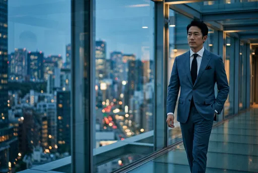 Businessman Walking Across Glass Skybridge at Dusk