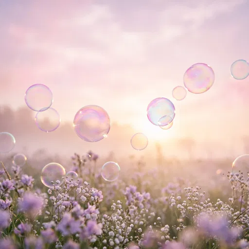 Iridescent Bubbles Over Pastel Flower Meadow