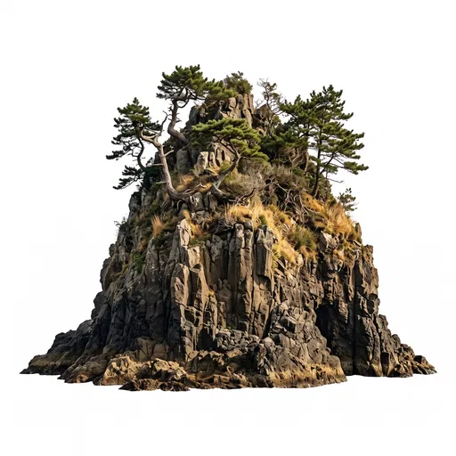 Isolated Basalt Rock Island With Pines