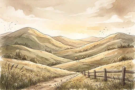 Watercolor Rolling Hills and Country Path