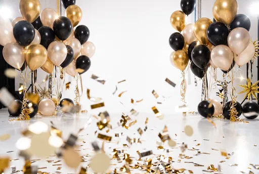 Gold and Black Party Balloons with Confetti