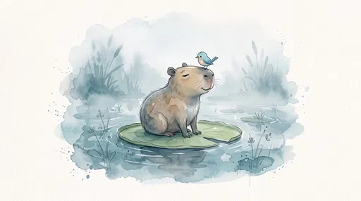 Watercolor Capybara and Bluebird on Lily Pad