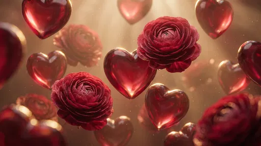 Floating Ruby Glass Hearts and Red Flowers