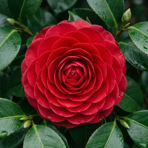Overhead Red Camellia Flower in Bloom