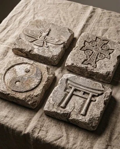 Carved Limestone Tablets With Religious Symbols