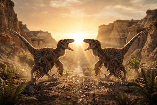 Two Feathered Velociraptors Facing Off at Sunset