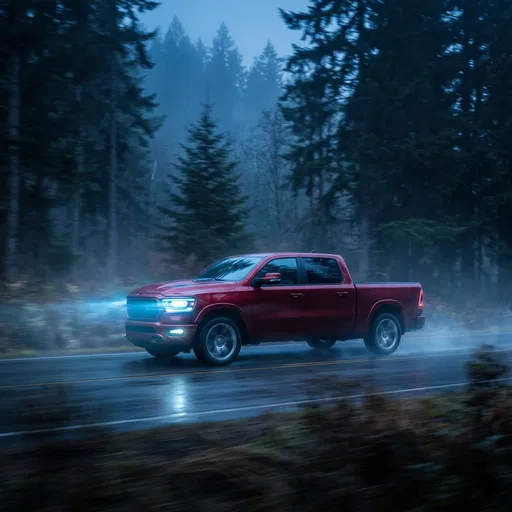 Crimson Pickup Truck on Misty Forest Road