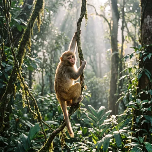 Juvenile Rhesus Monkey Climbing Forest Vine