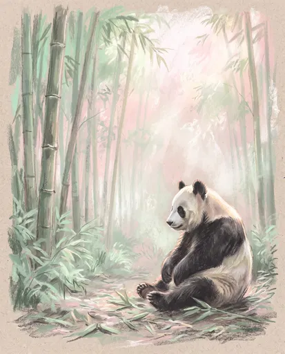 Pastel Panda in Misty Bamboo Forest